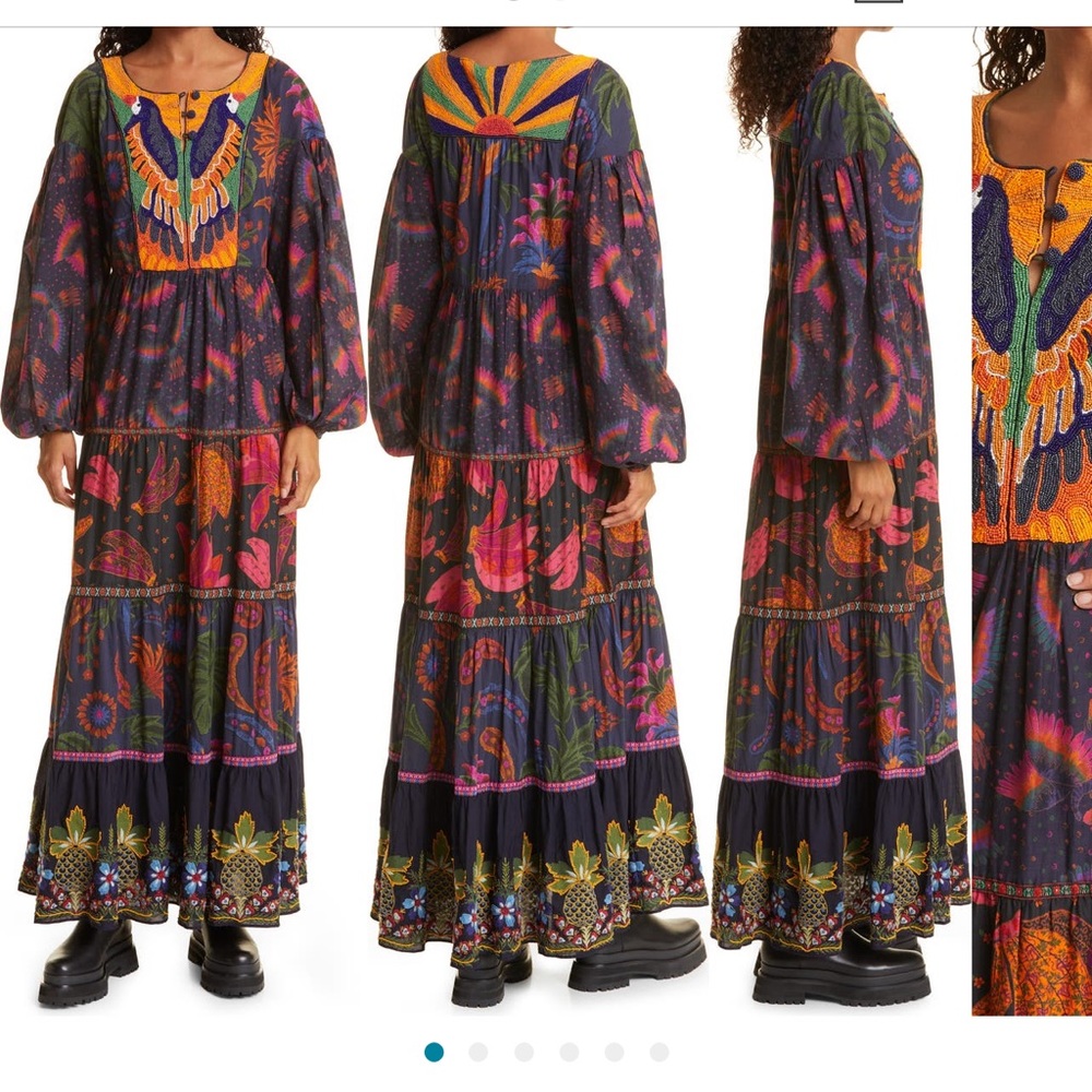 farm rio mixed rainbow bird embroidered long sleeve dress